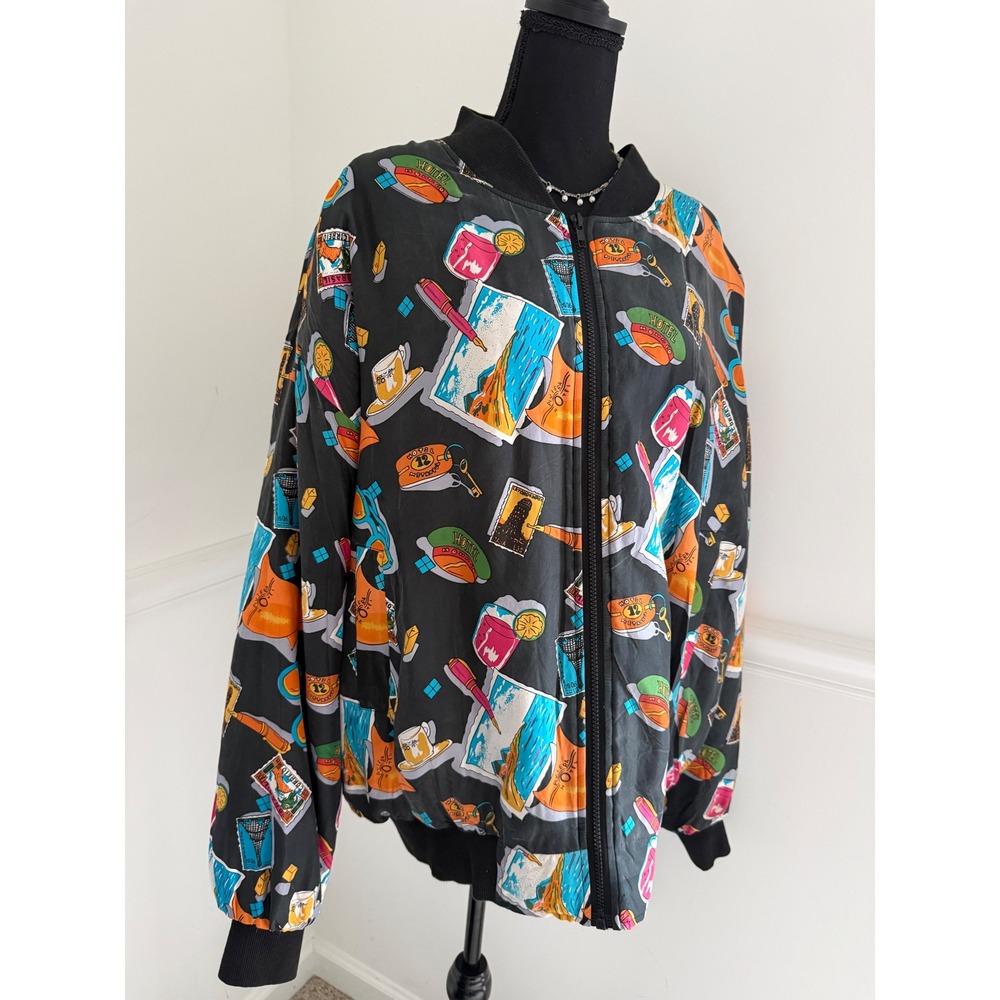 Silk Bomber‎ Jacket Vintage travel Print Size XL oversized artsy Carol Horn